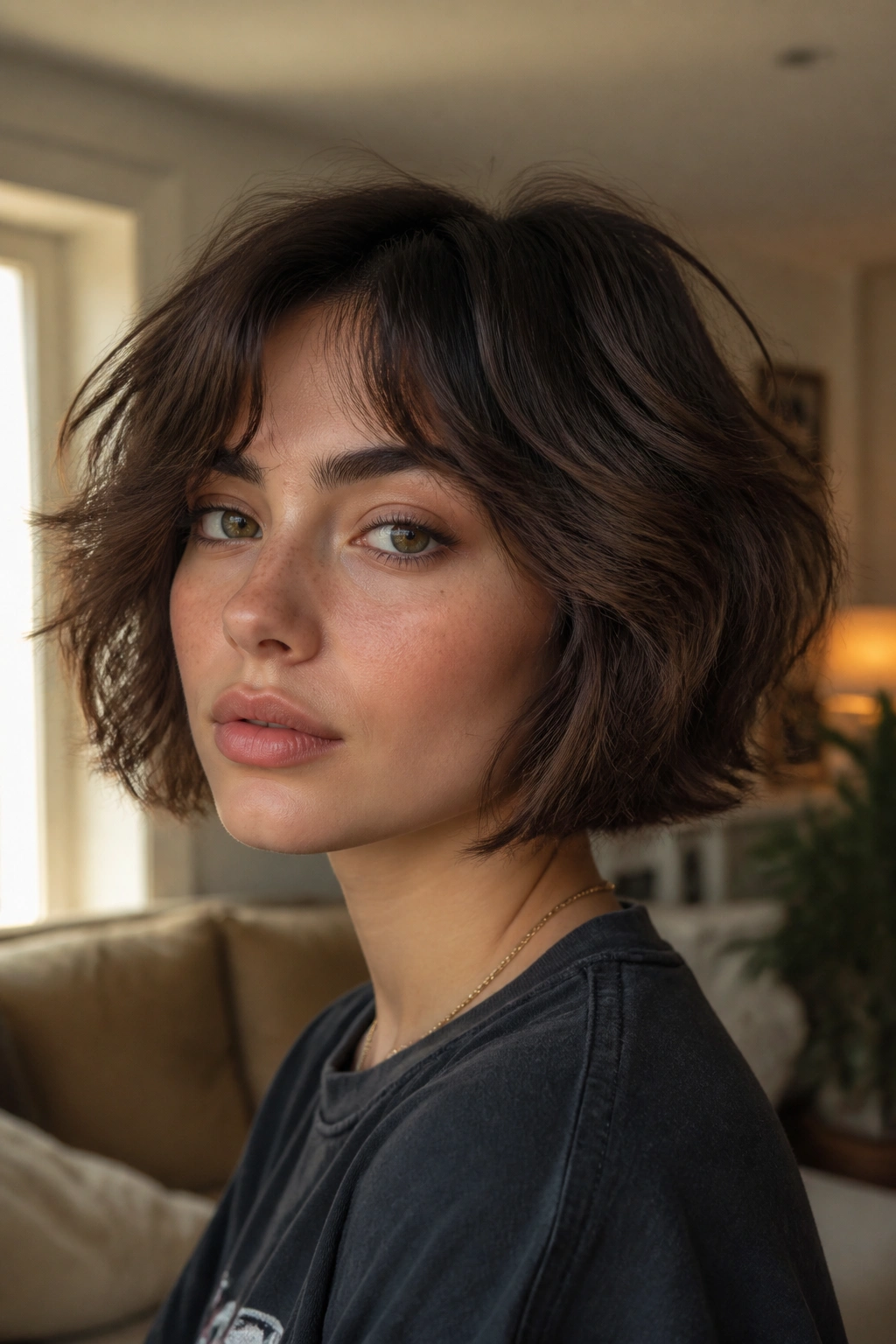 Close-up portrait of a real person with rounded chin-length wolf cut in a warm living room