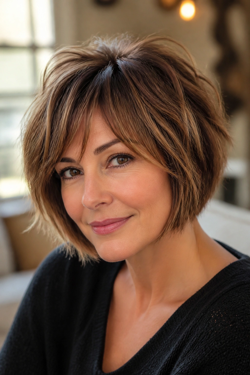 Portrait of a woman with rounded choppy bob and soft volume at crown.