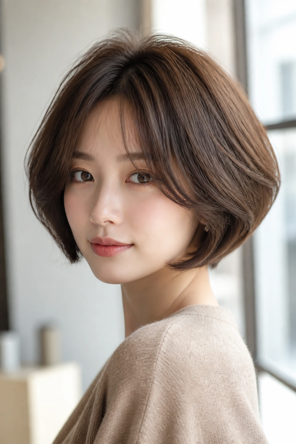 Close-up portrait of a woman with rounded cloud bob showing crown volume
