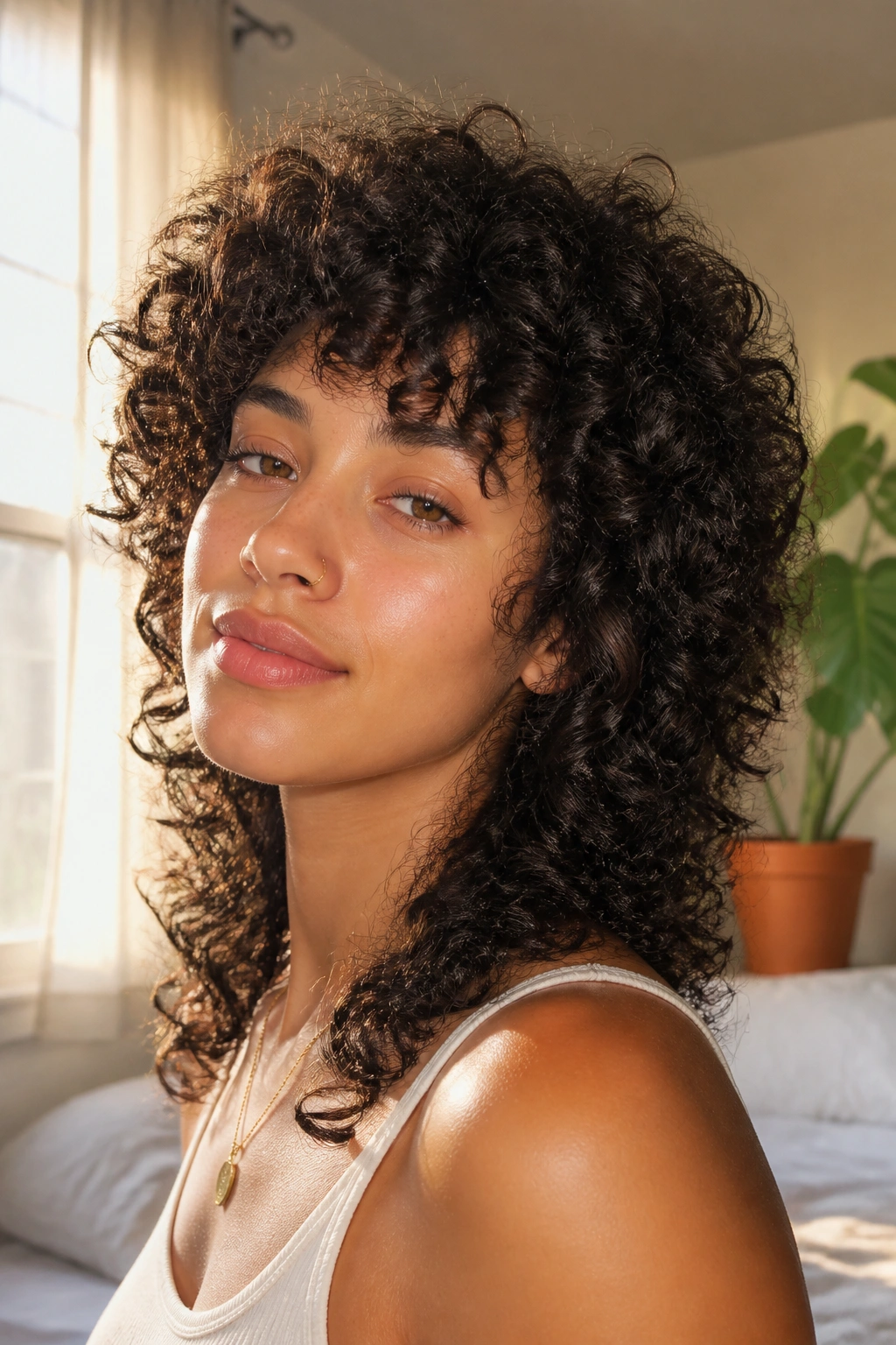 Close-up of a real woman with a rounded cloud wolf cut highlighting crown lift and voluminous curls.