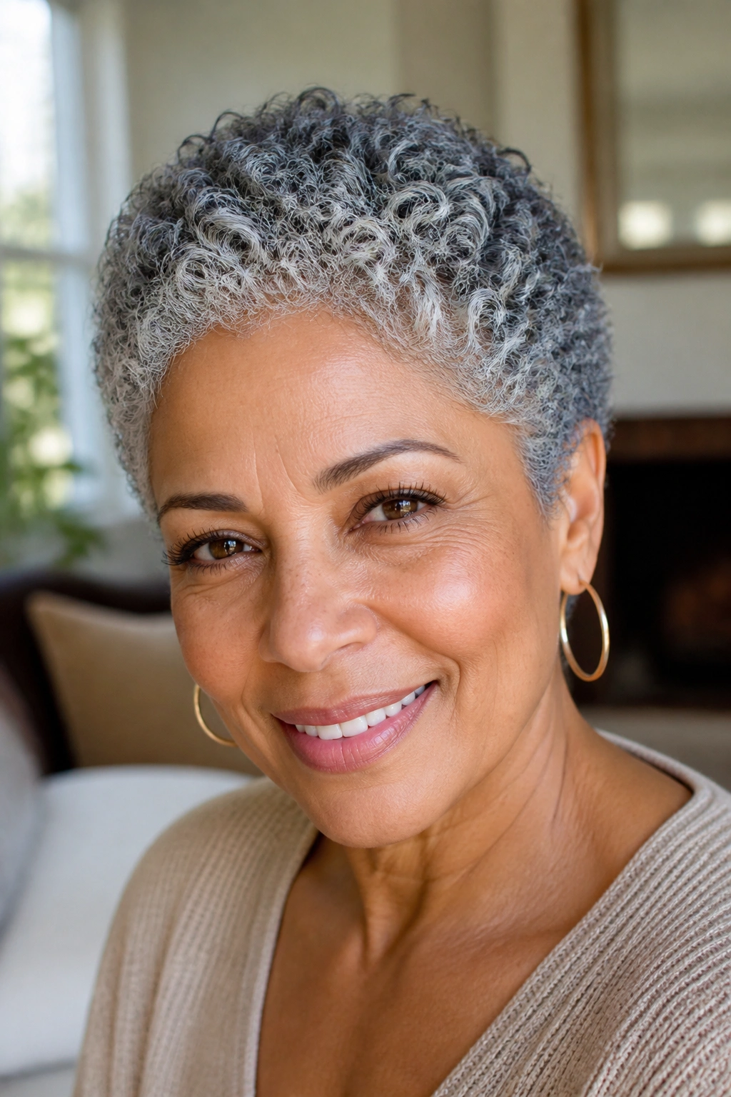 Close-up of a real woman with a rounded crop and defined curls in bright window light.