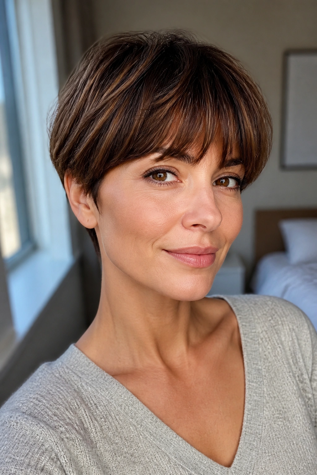 Close-up portrait of a woman with rounded crop fringed hairstyle