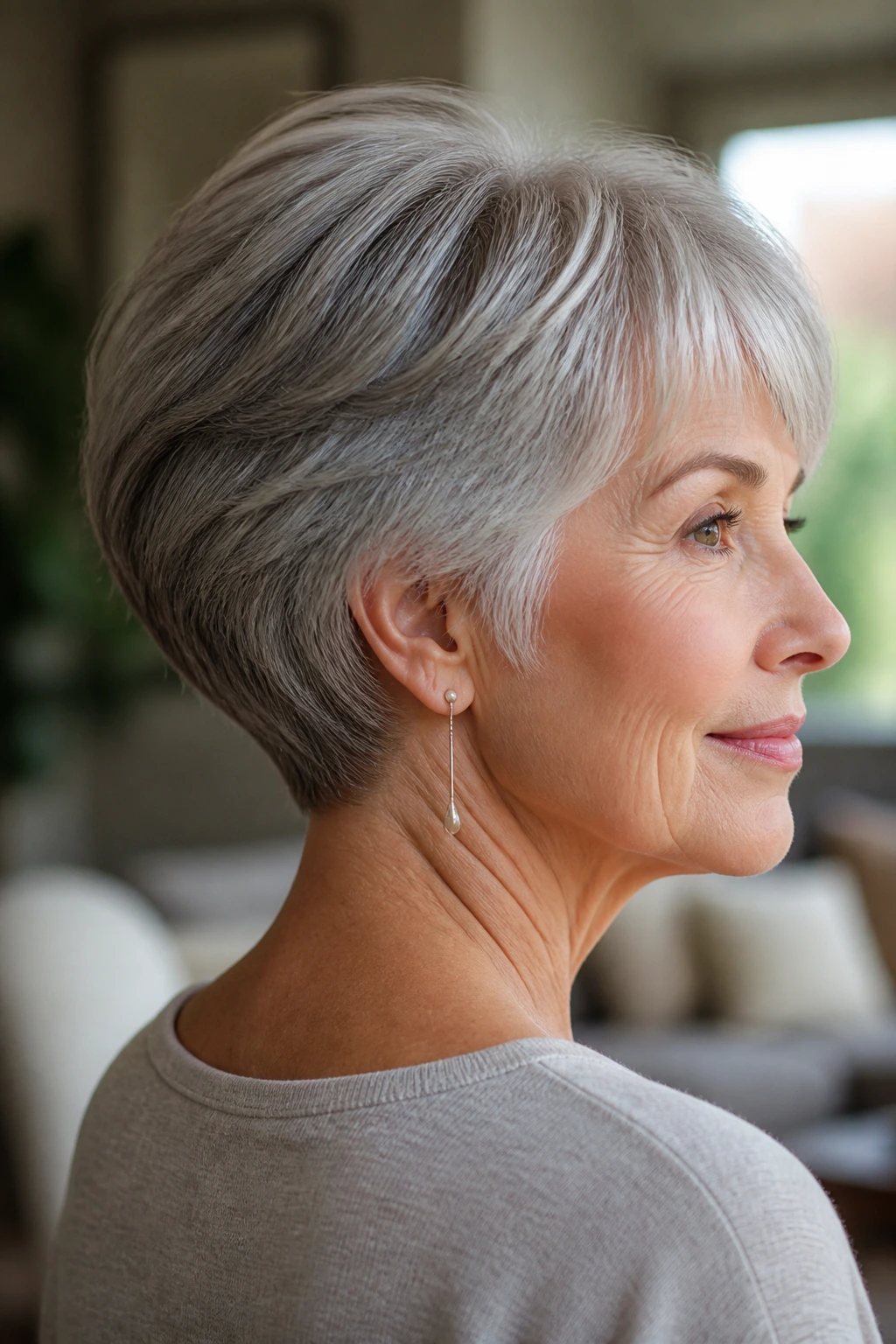 Close-up portrait of a real woman with rounded crop and tucked nape under soft indoor light.