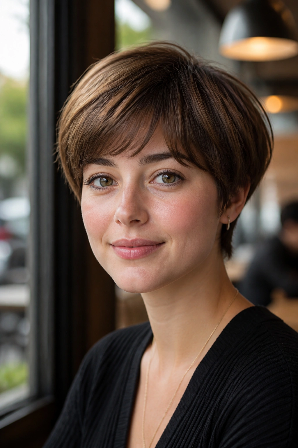 Close-up of a real woman with a rounded crop hairstyle in daylight at a cafe