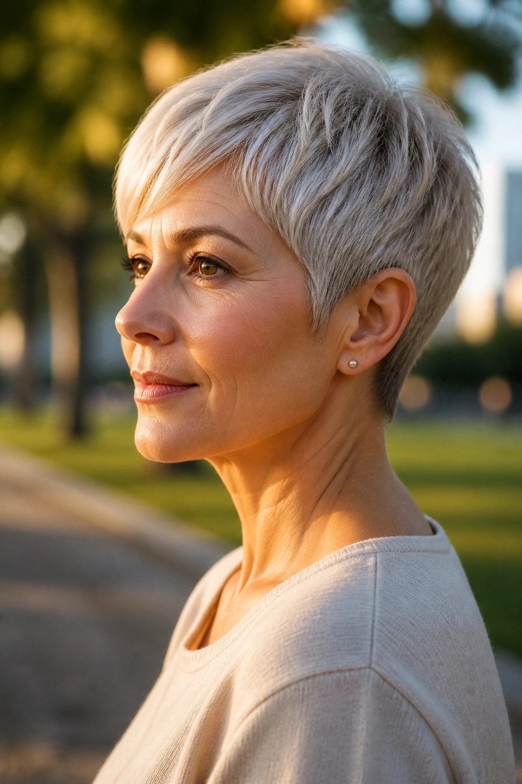 Portrait of a real person with rounded crop pixie and soft outline in a park