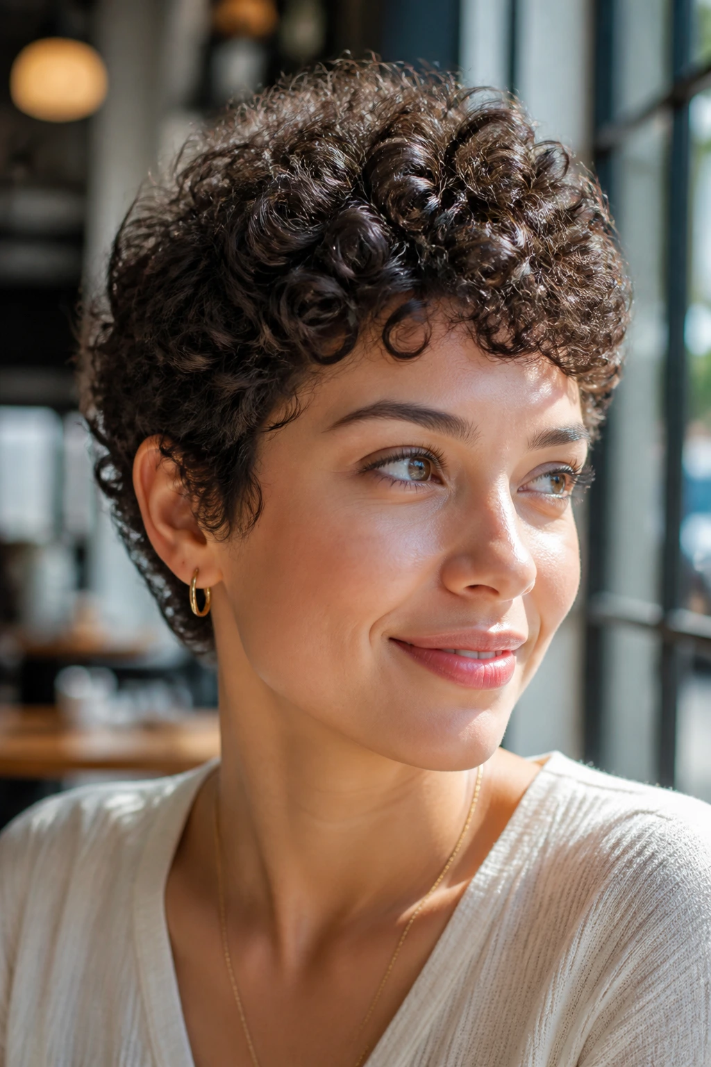 Close-up portrait of a real woman with a rounded curly crop in a sunlit cafe setting.