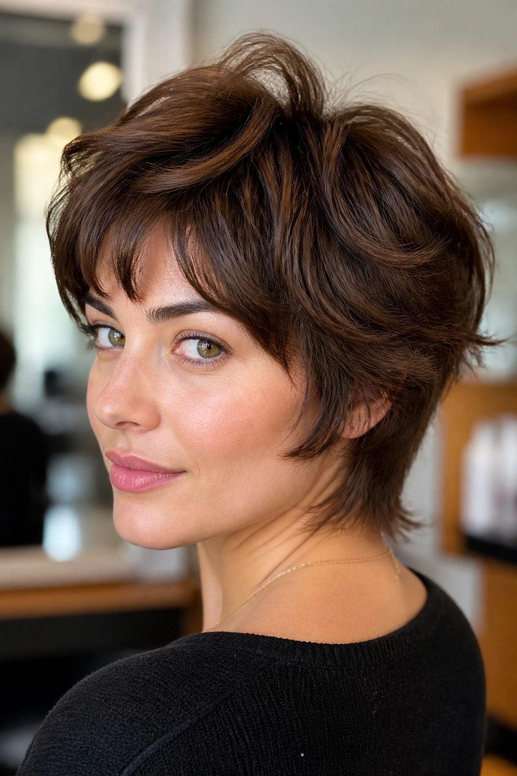Close-up of a real person with rounded crop shag and crown layers in a salon