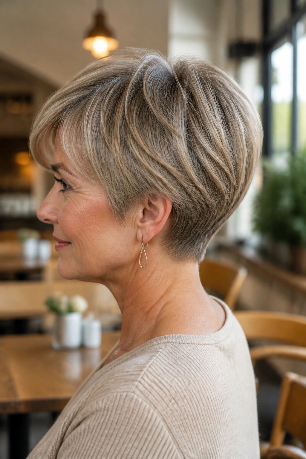 Profile view of a real woman with rounded crop and tapered nape