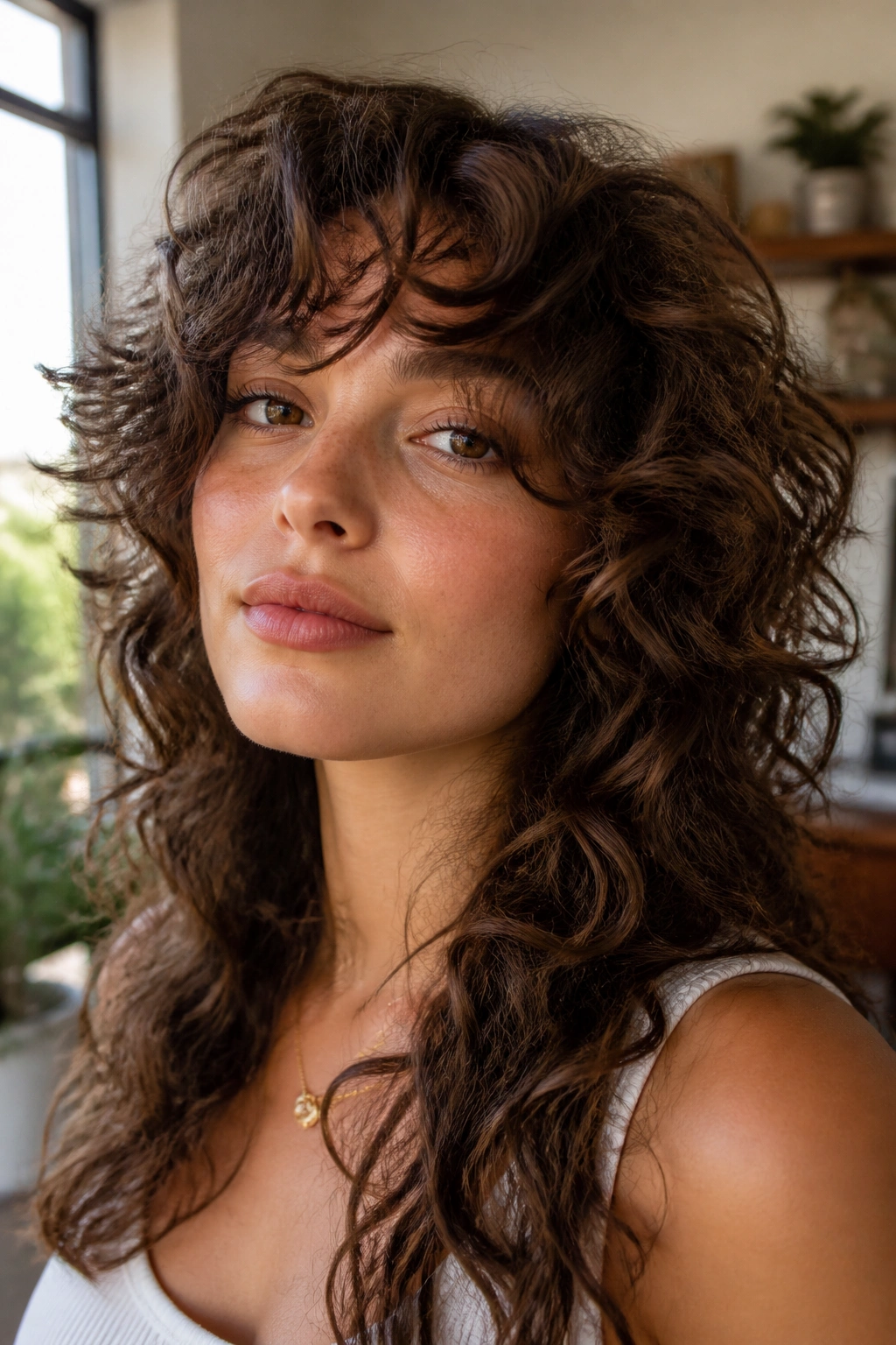 Close-up of a real woman with rounded-crown curly shag in natural window light