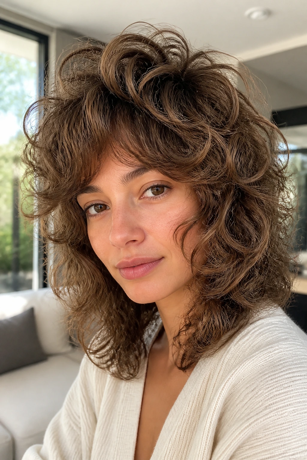 Portrait of a real person with rounded crown volume shag perm in a bright living room