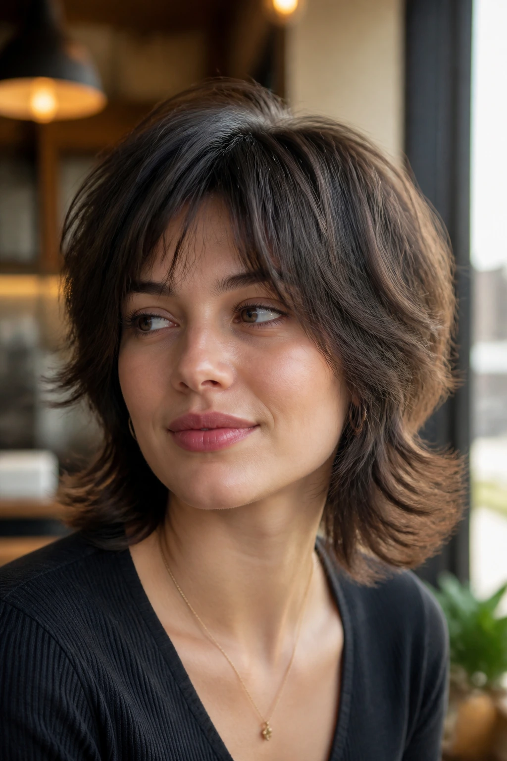 Close-up portrait of a real person with rounded crown wolf cut and flipped ends in warm light