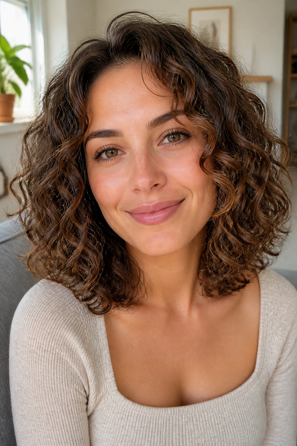 Close-up of a real woman with rounded curls at collarbone length