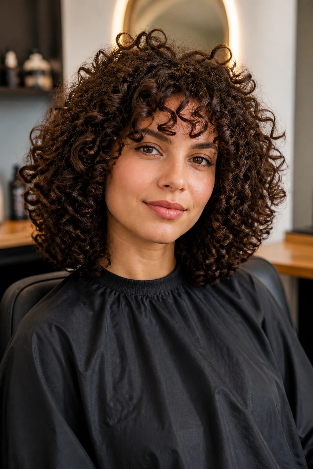 Close-up of a real woman with a rounded curly cut and dense curls.