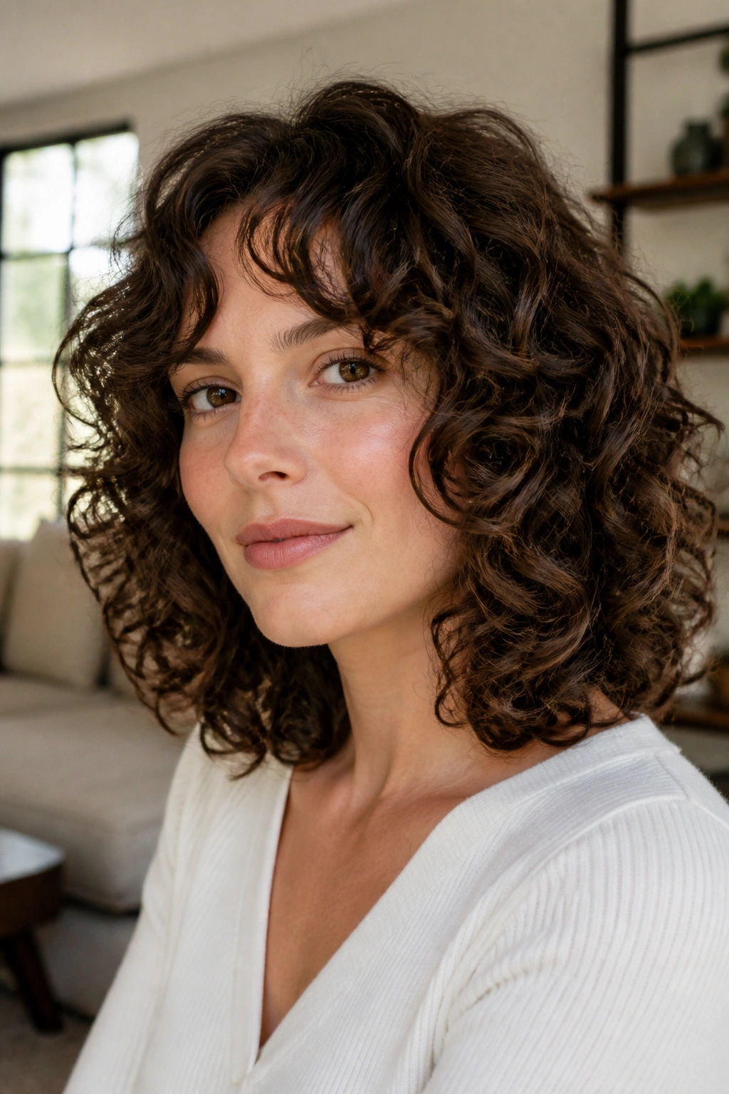Close-up real-woman portrait with rounded curled layers framing the face