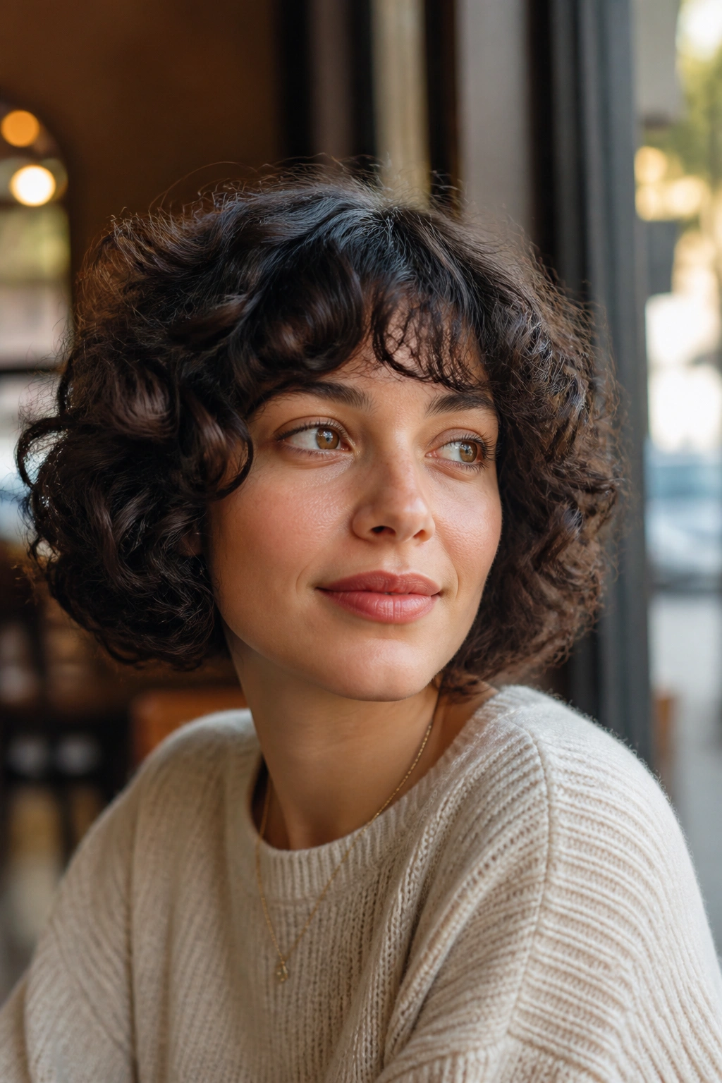 Medium close-up of a woman with rounded curly bob along the jawline in daylight