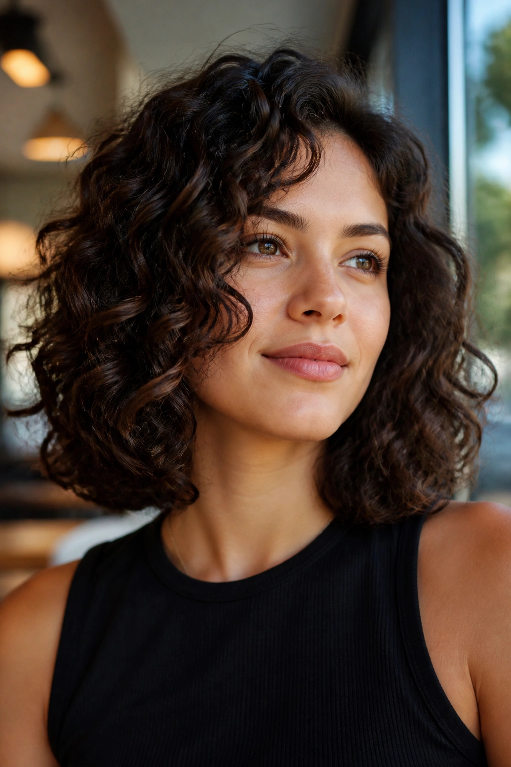 Close-up portrait of a real woman with rounded shoulder-length curls filling the frame.
