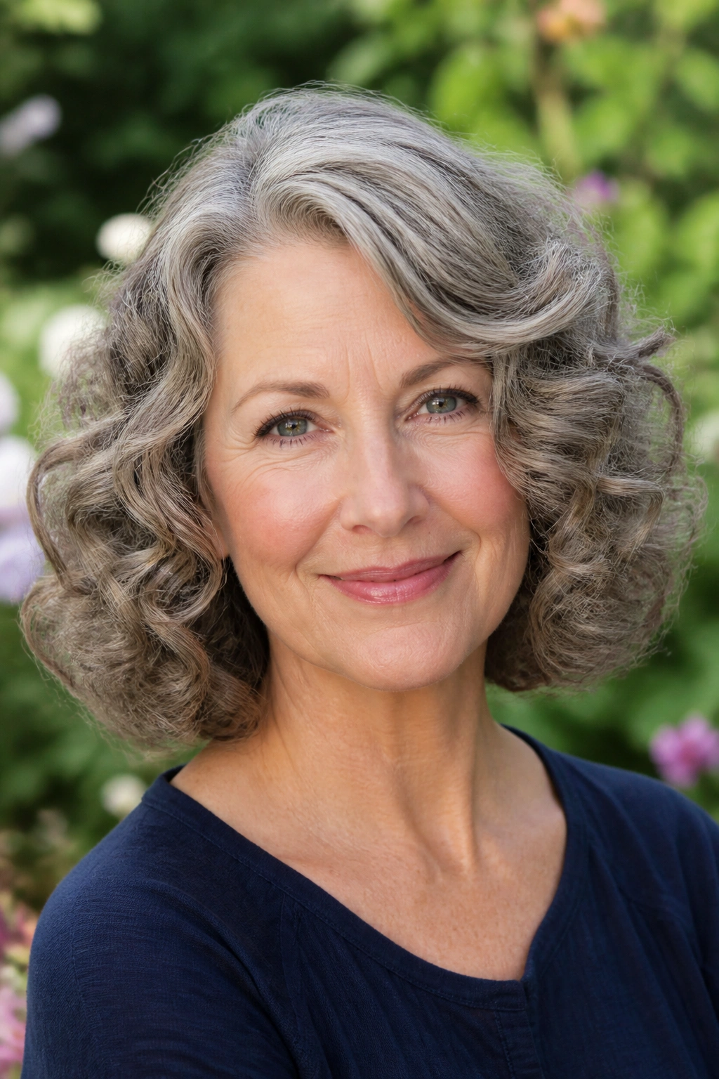 Close-up of a woman with rounded curls and a side part in diffused daylight