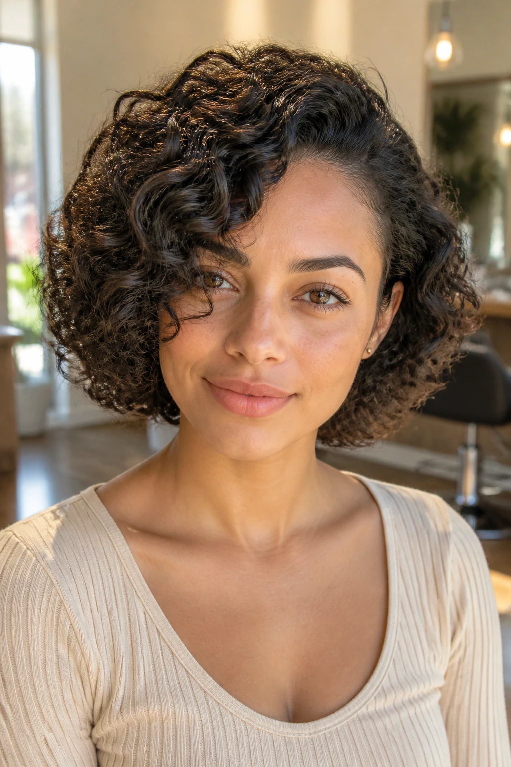 Close-up of a real woman with rounded curls and a side part in a sunny salon