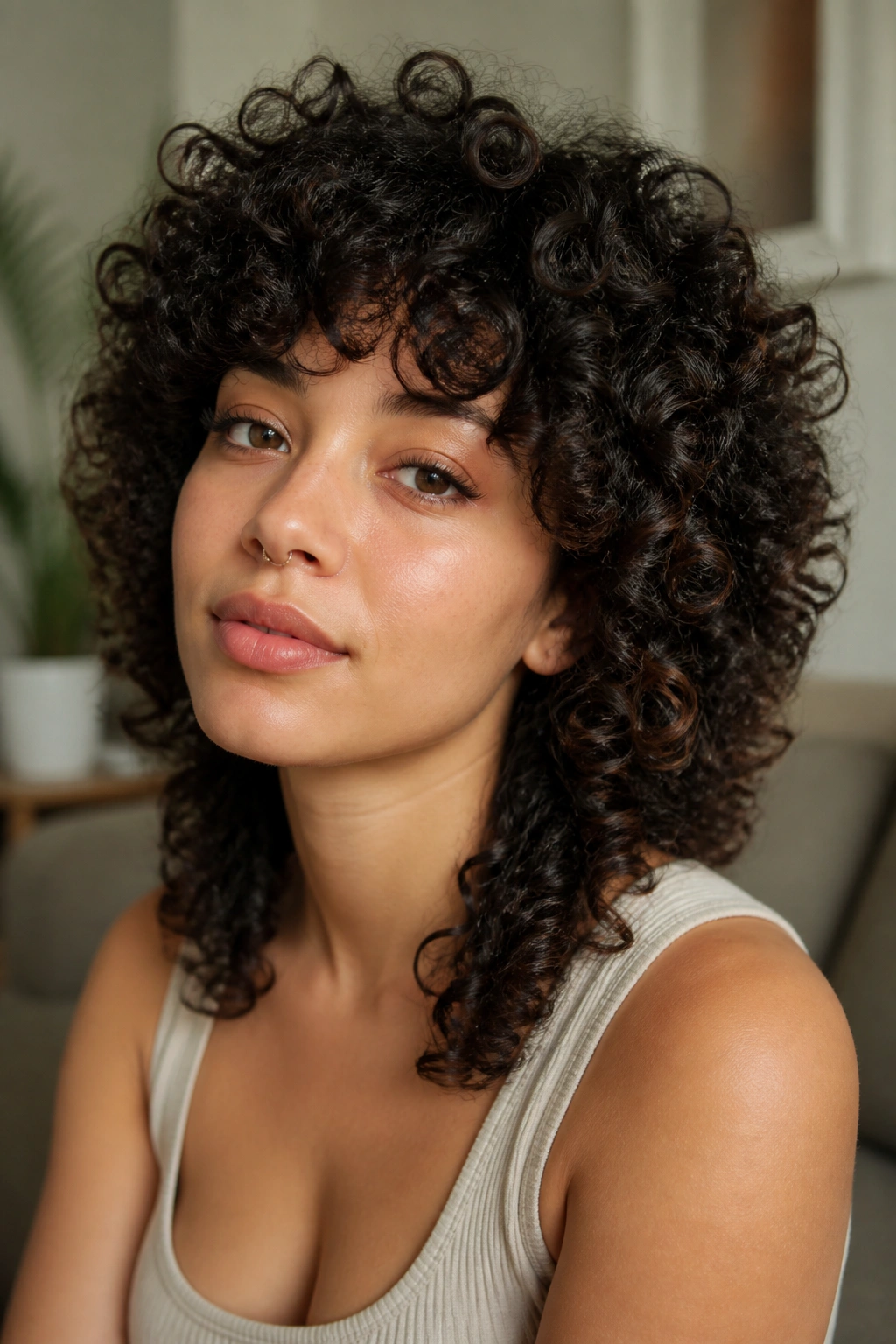 Close-up of real person with rounded wolf shag on tight curls