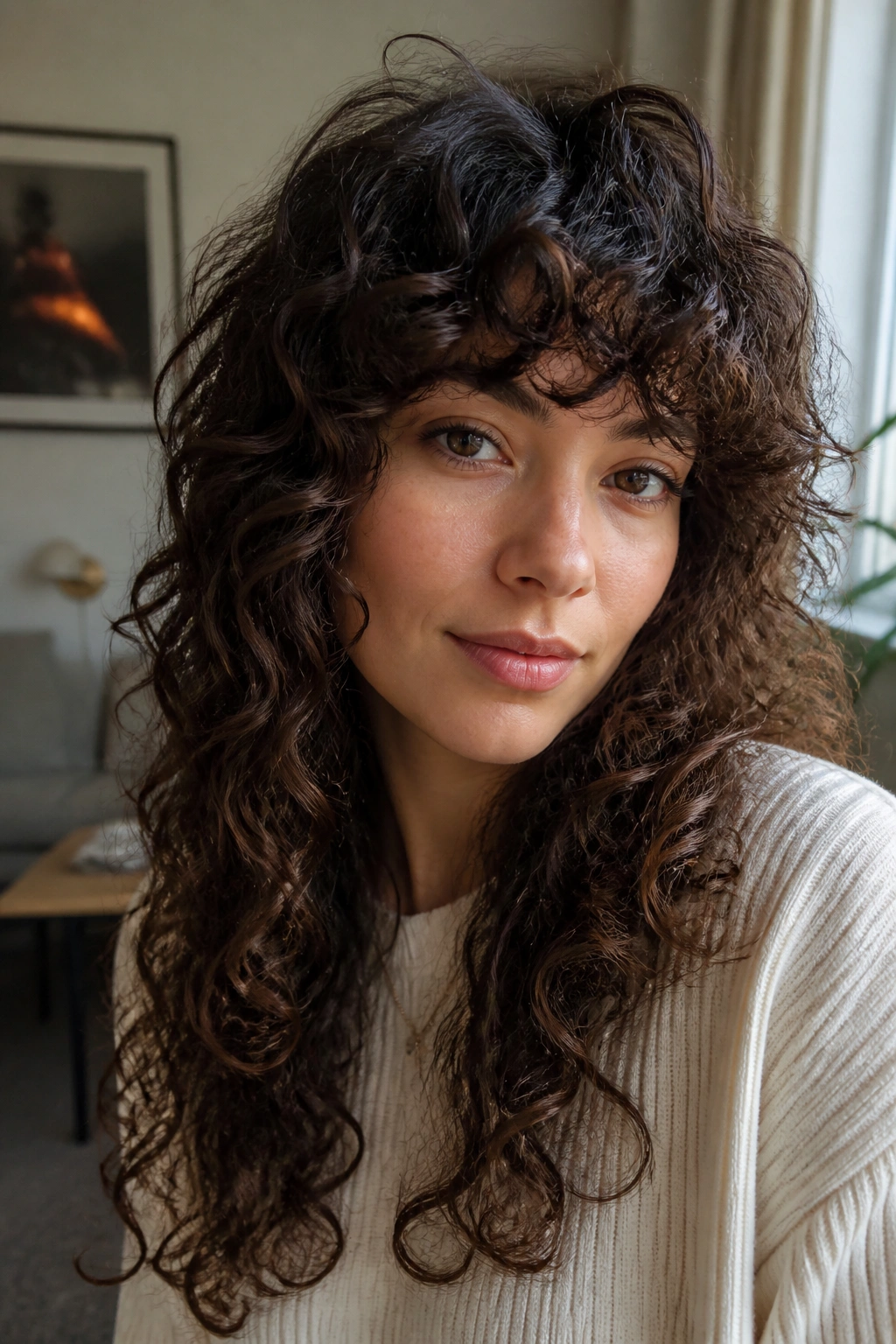 Portrait of a person with rounded curly bangs on a long shag
