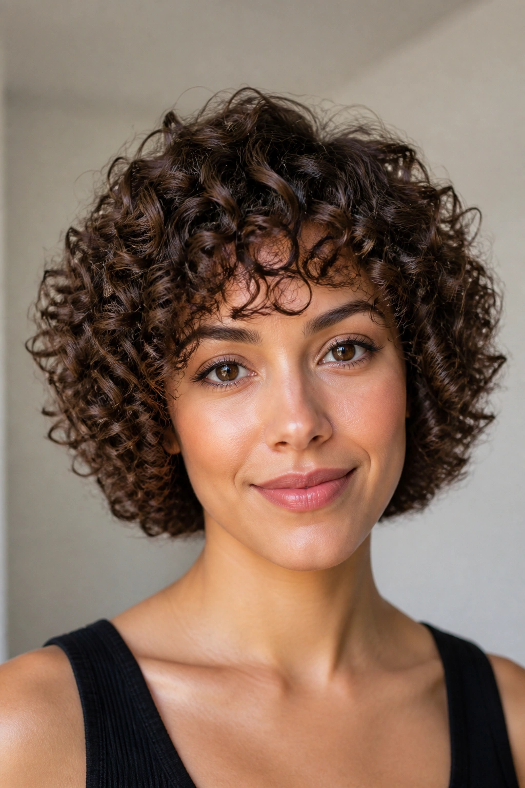 Portrait of a real woman with rounded curly bob in bright natural light