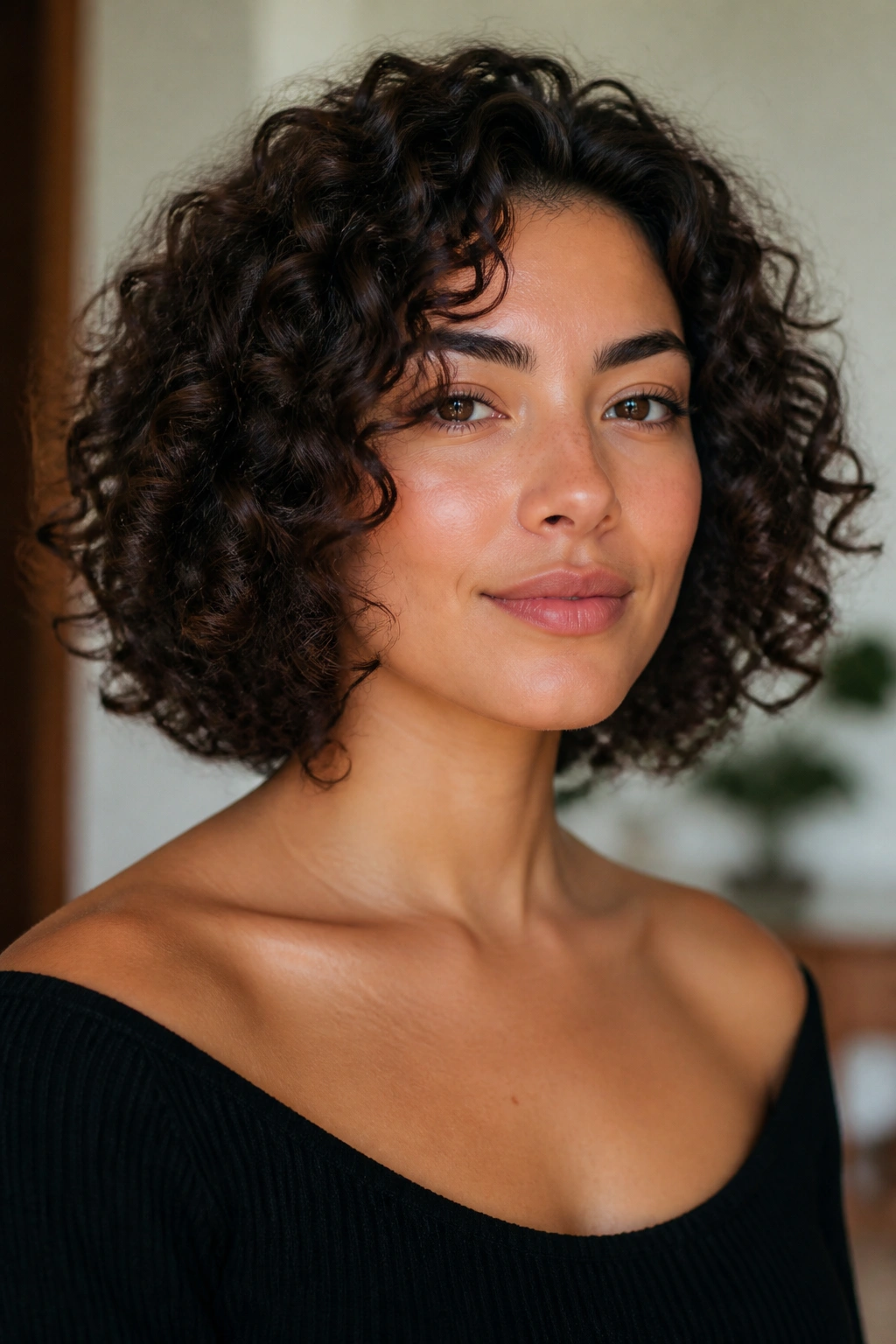 Portrait of a real woman with a rounded curly bob at the collarbone.