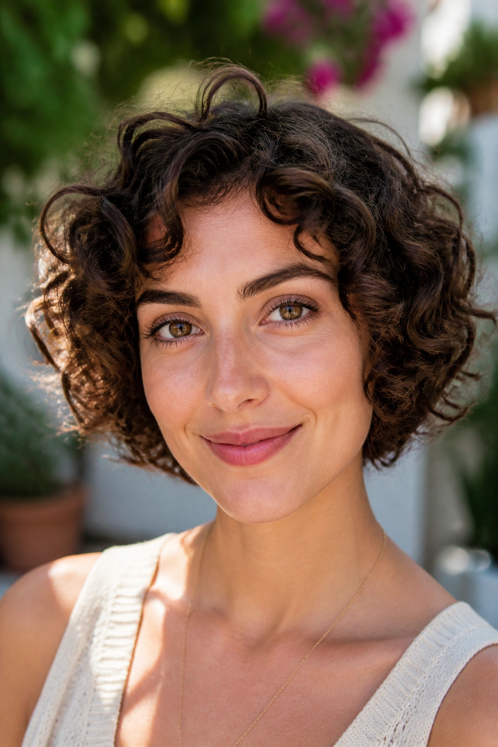 Real person with rounded curly bob framing the forehead