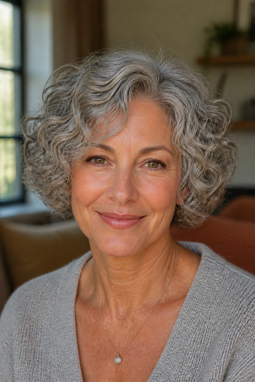 Close-up of a gray-haired woman with a rounded curly bob.