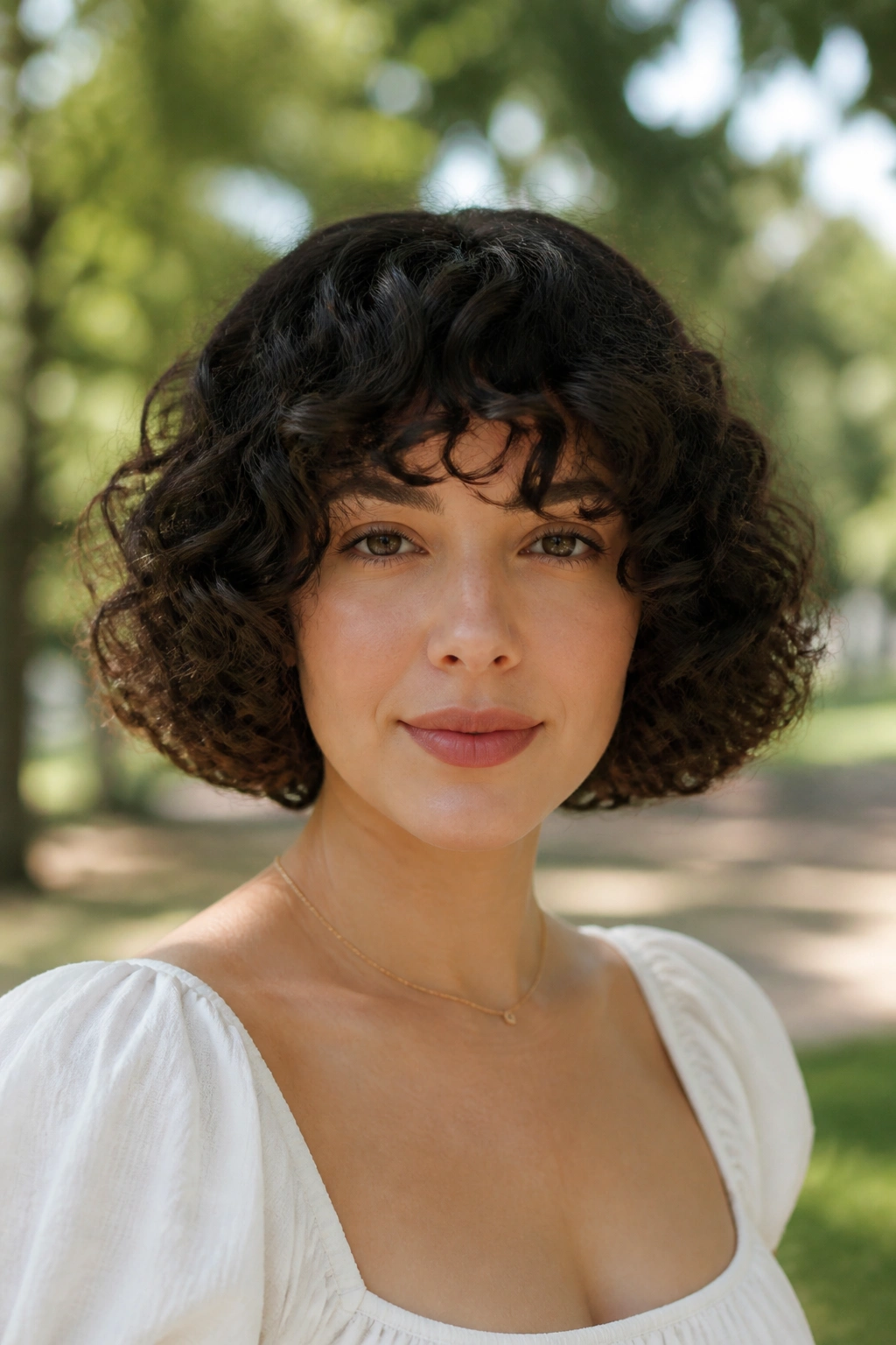 Close-up of a woman with a rounded curly bob and cheek-width curls.
