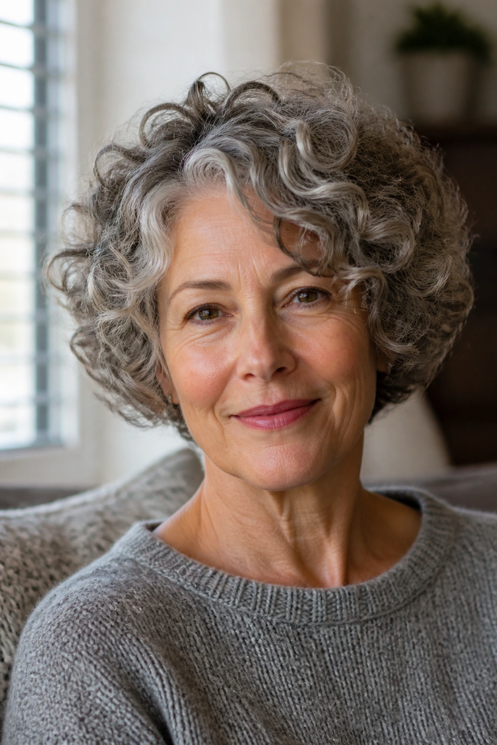 Close-up of a woman with a rounded curly bob in gray hair