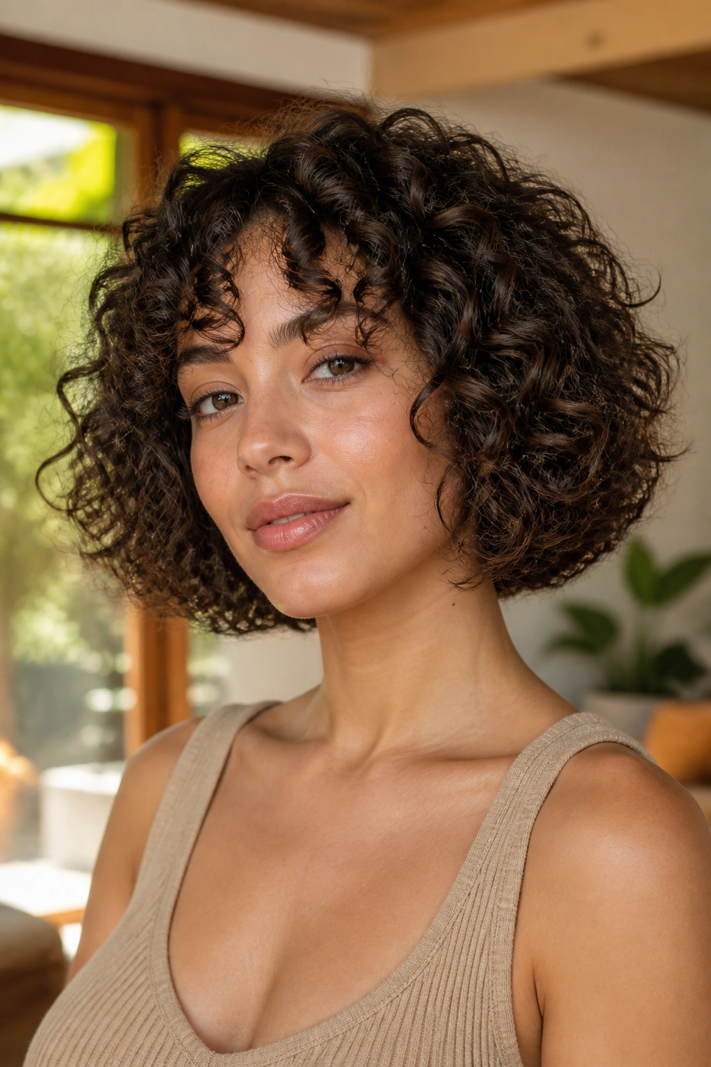 Close-up of a person with a rounded curly bob in warm daylight