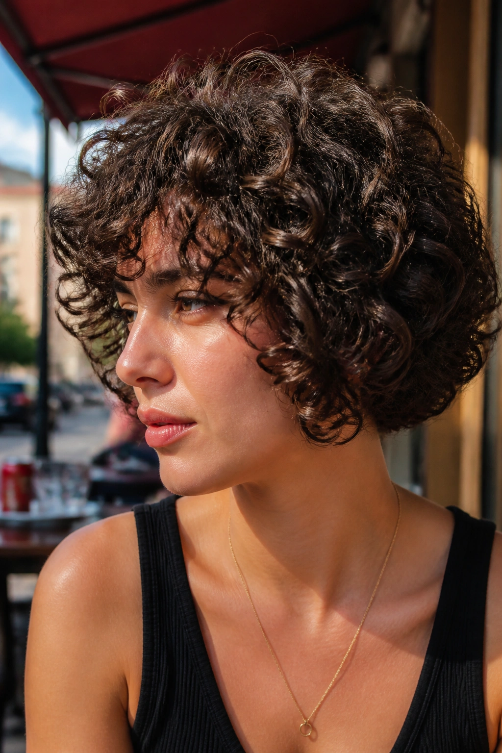 Close-up portrait of a woman with rounded curly bob in an outdoor cafe setting.