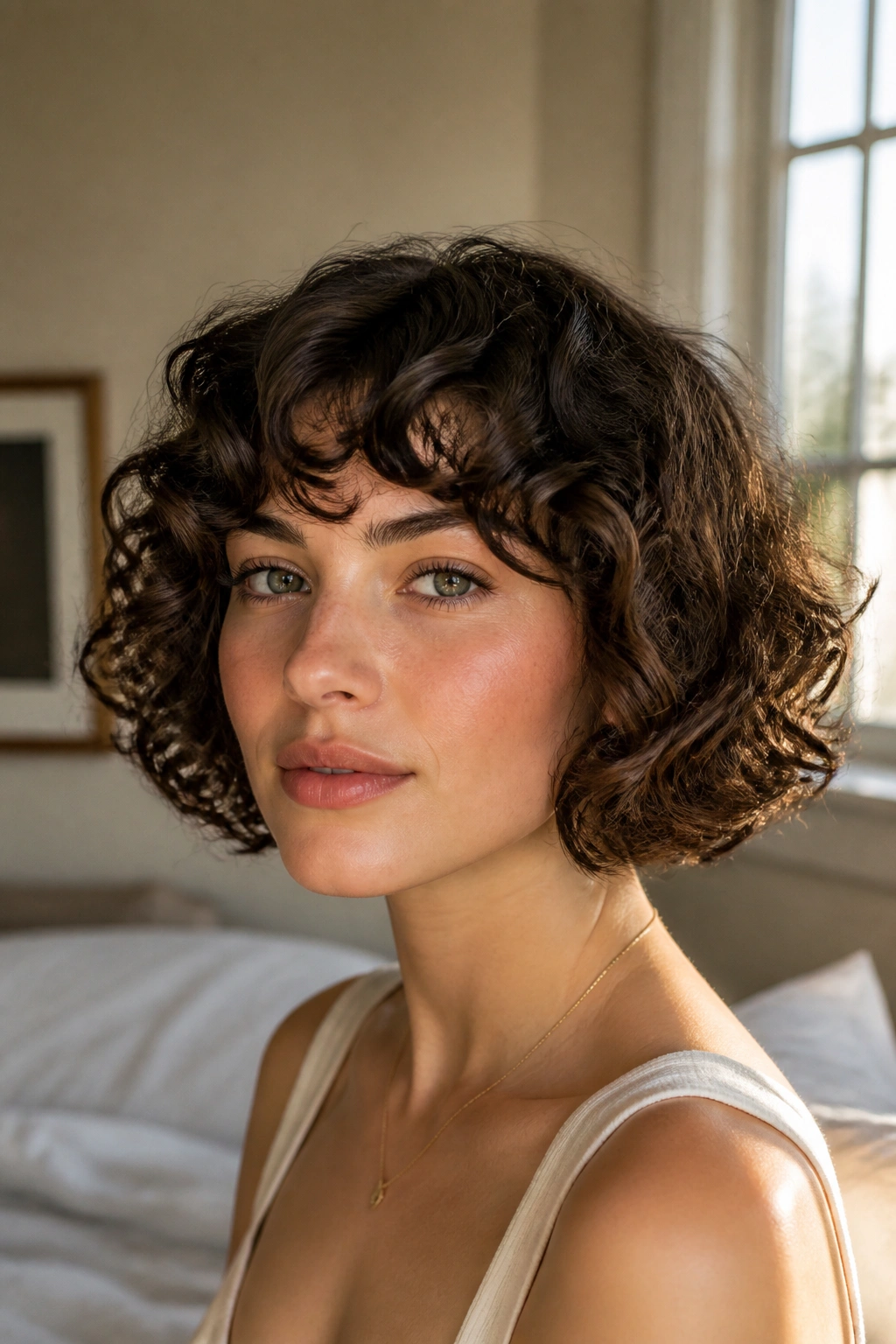 Close-up of a real woman with a rounded curly bob framing the jaw in warm window light