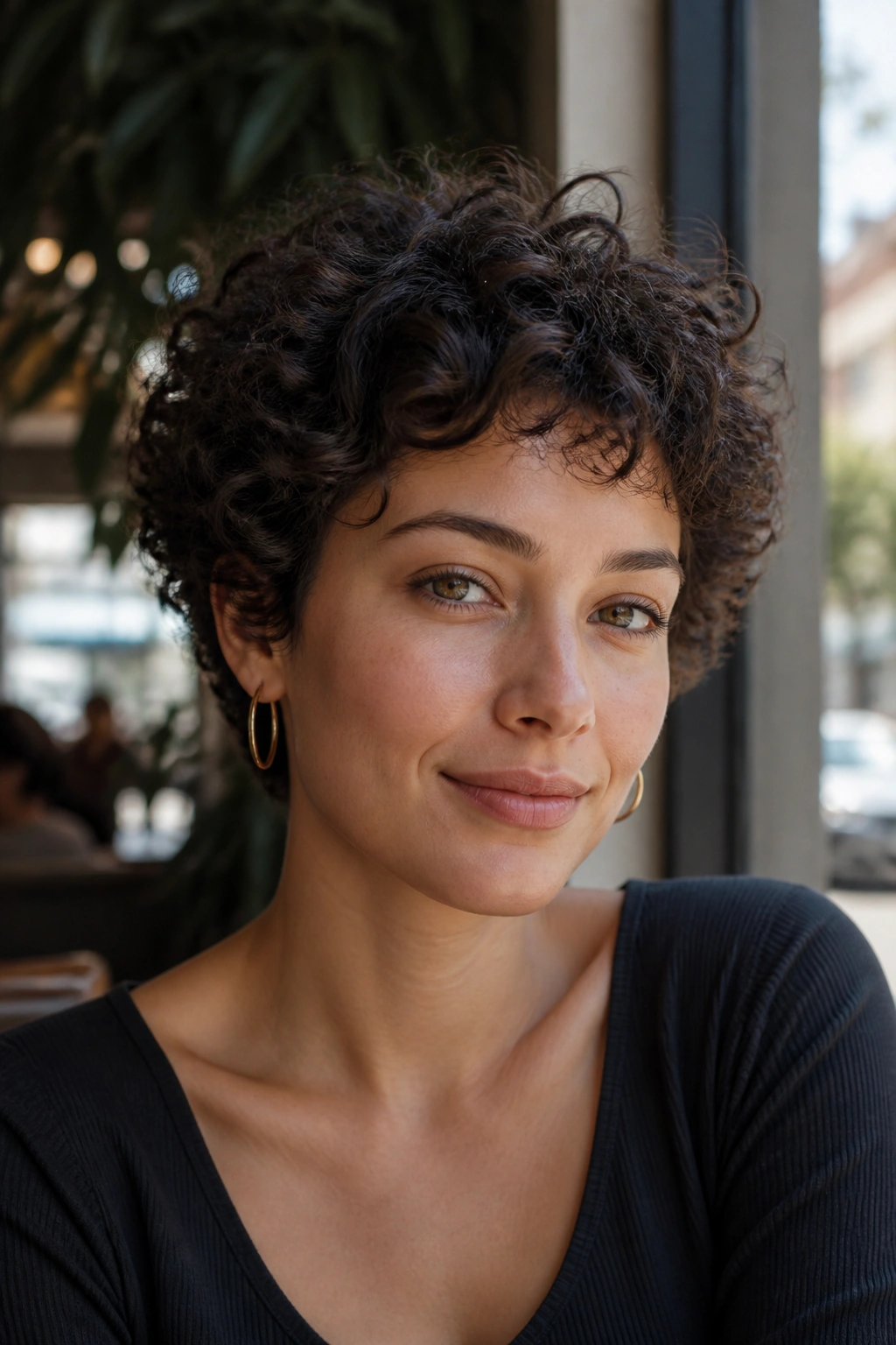 Close-up of a real woman with a rounded curly crop in warm sunlit cafe light.