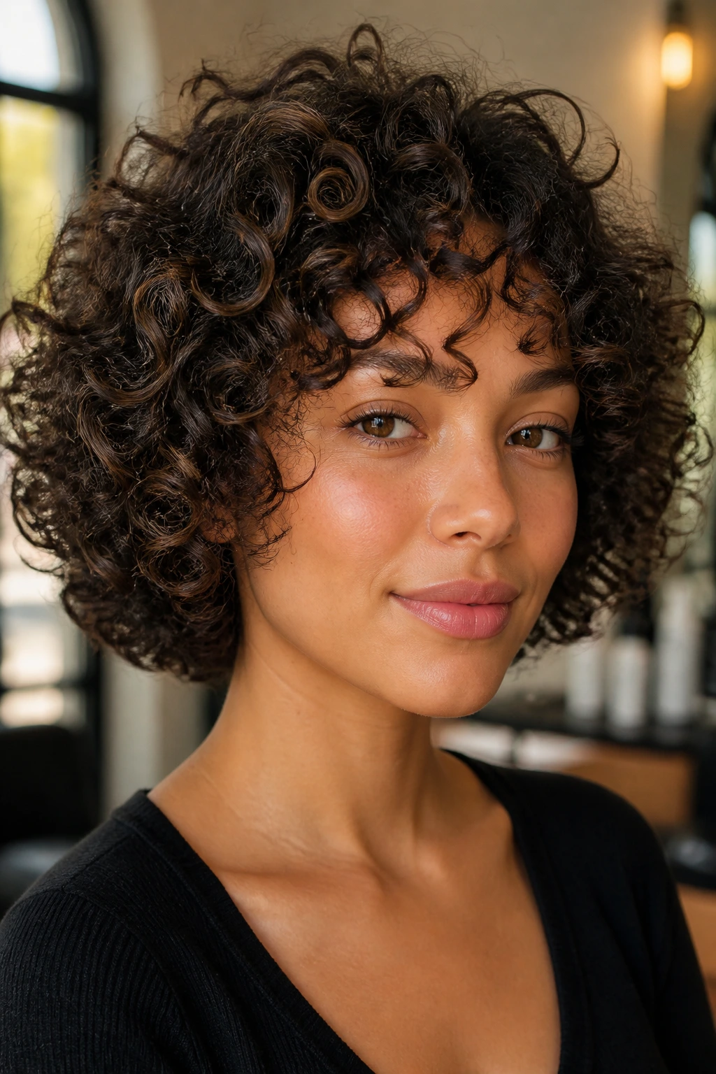Close-up portrait of a real woman with a rounded curly cut showing springy curls and balanced silhouette.