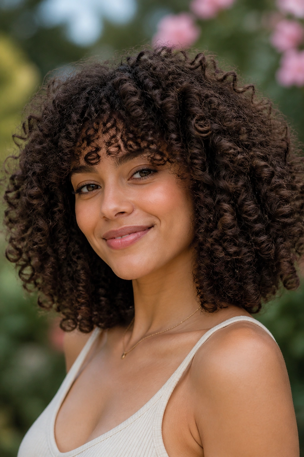 Real woman with rounded curly shape hairstyle in natural light
