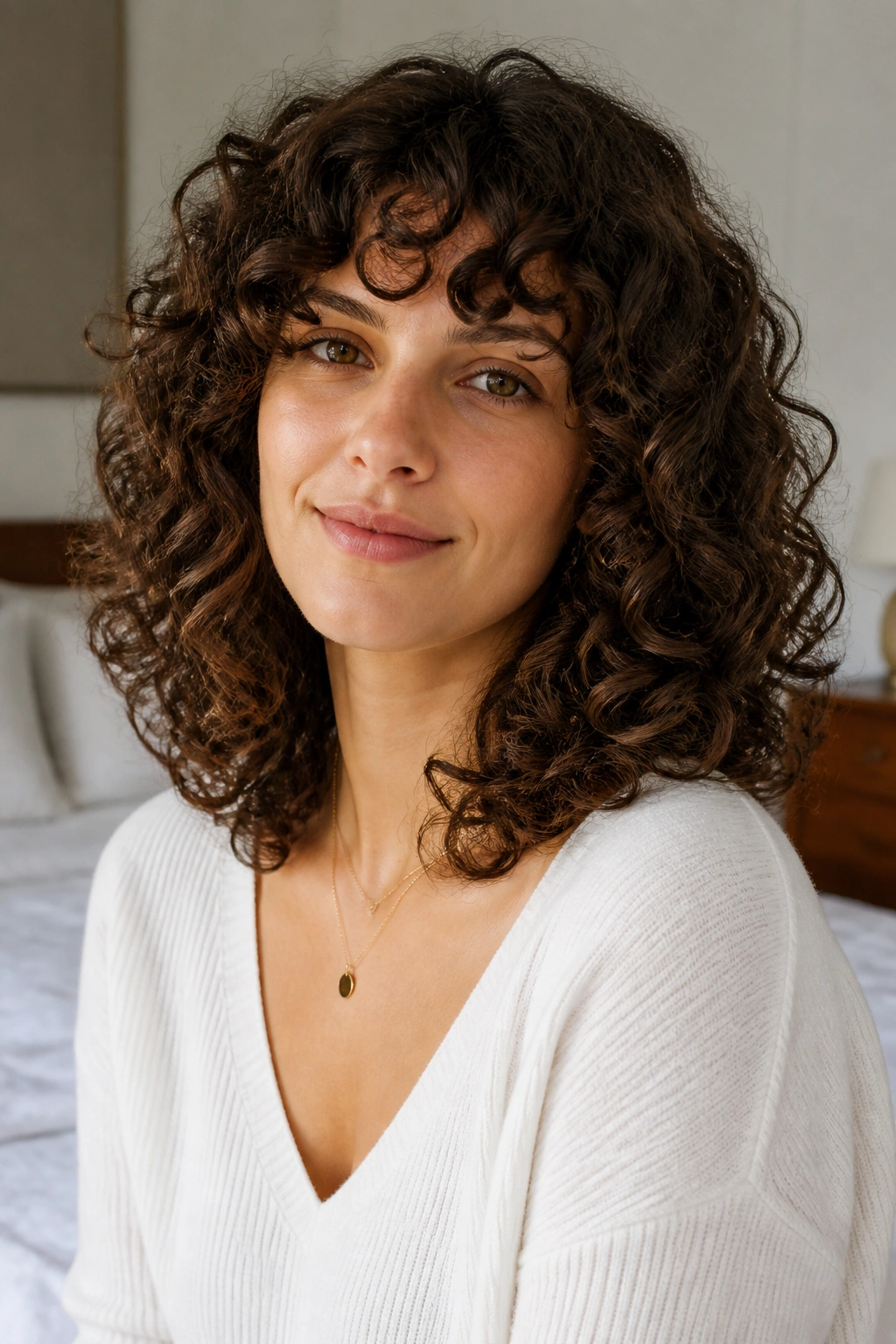 Close-up of a real woman with rounded shoulder-length curls and invisible layers