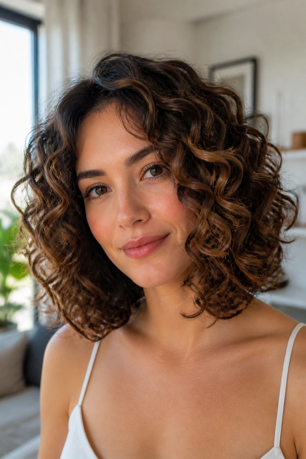 Close-up portrait of a real woman with a rounded curly lob stacking curls naturally