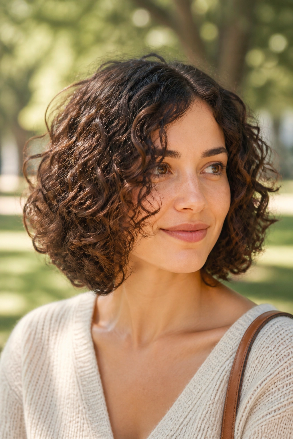 Close-up of real woman with rounded curly lob and soft dome silhouette
