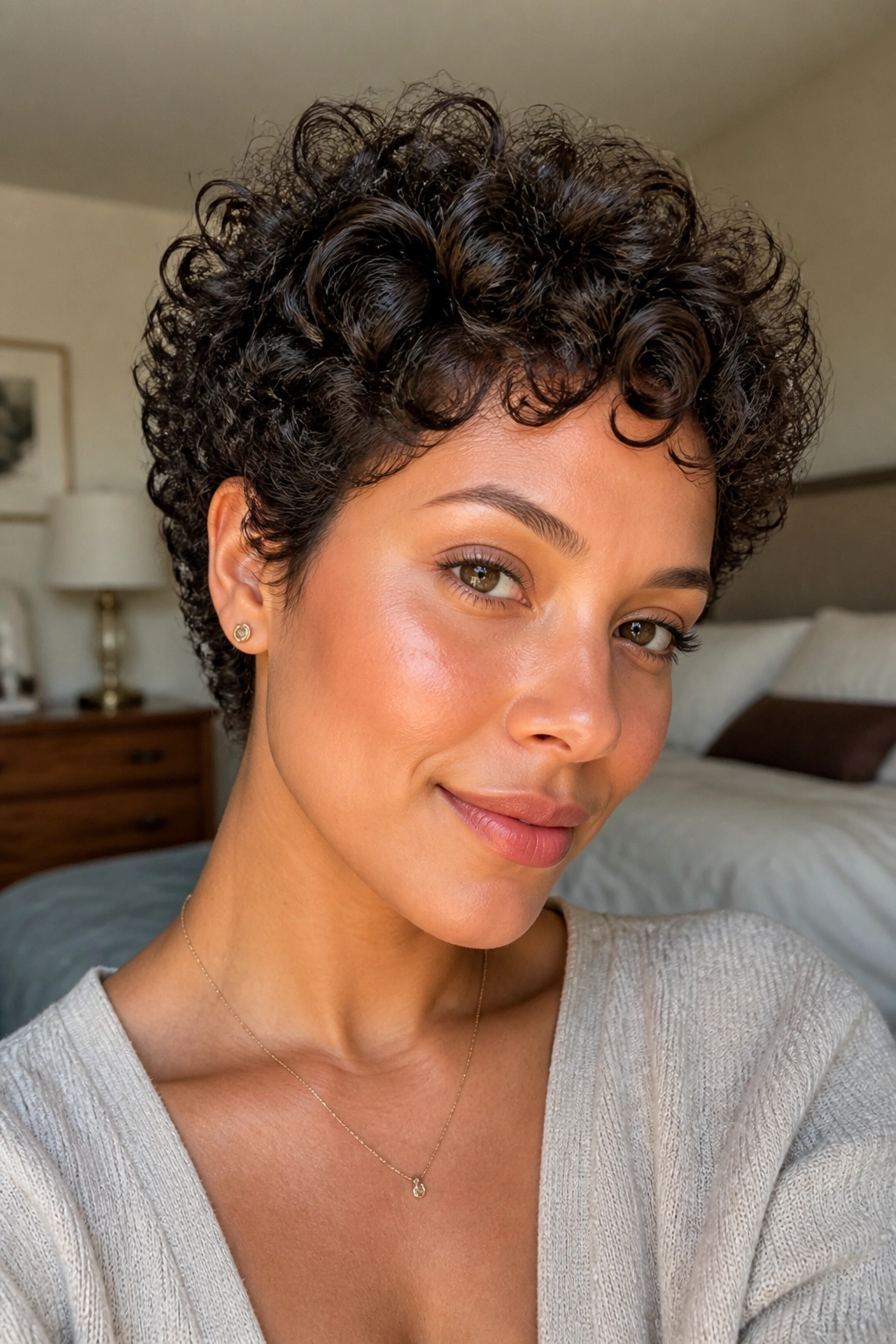 Close-up of a real woman with rounded curly pixie for natural curls under warm window light