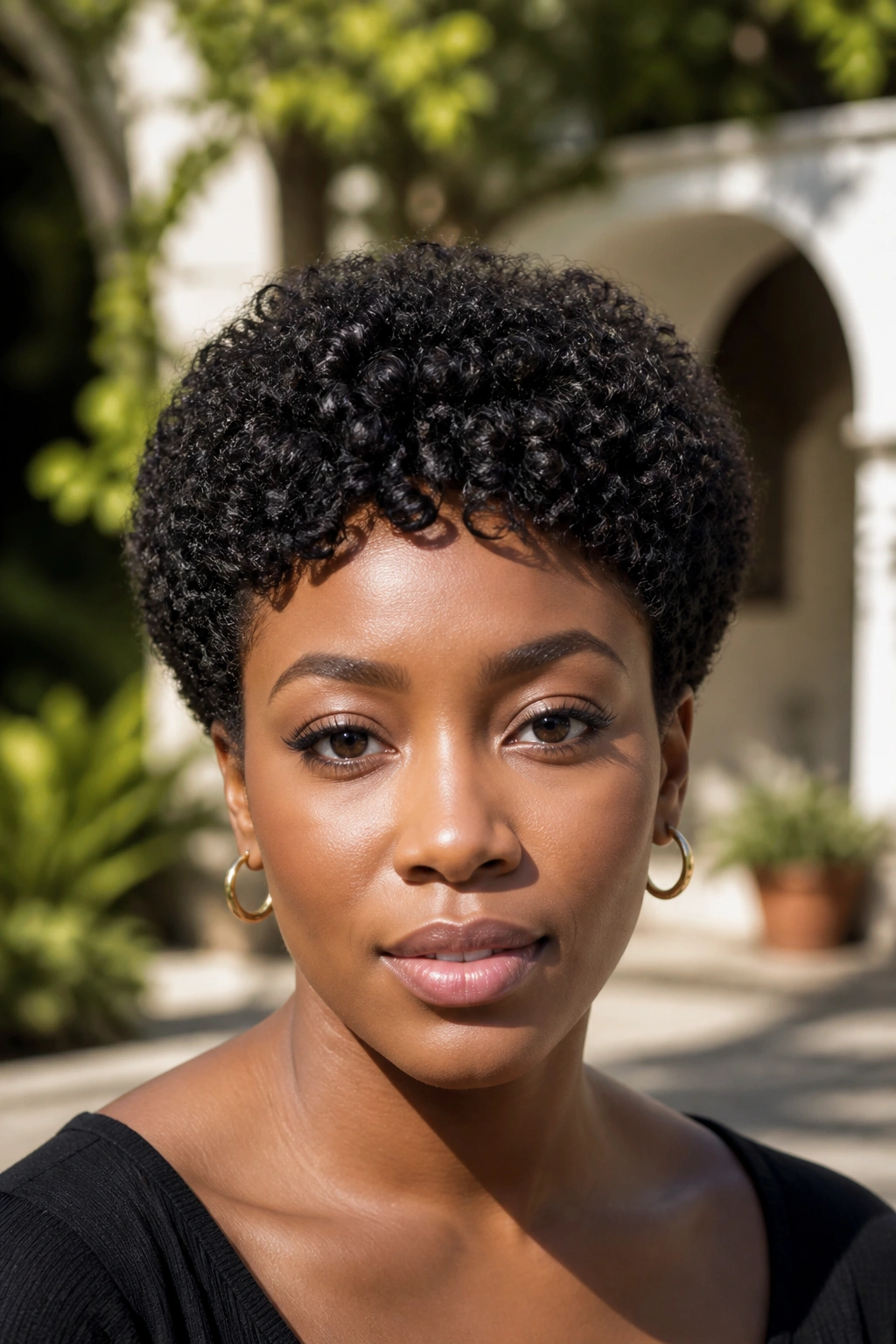 Close-up of a real Black woman with a rounded curly pixie forming a soft halo.