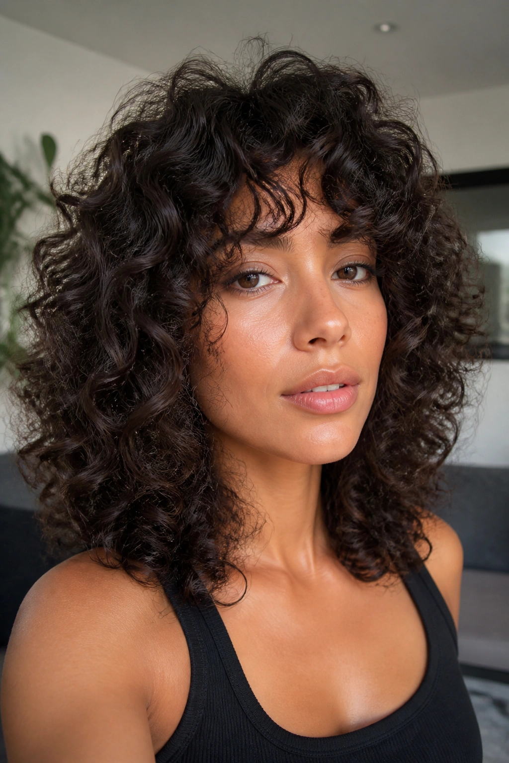 Close-up of rounded curly shag with curtain bangs on a real person in soft indoor light