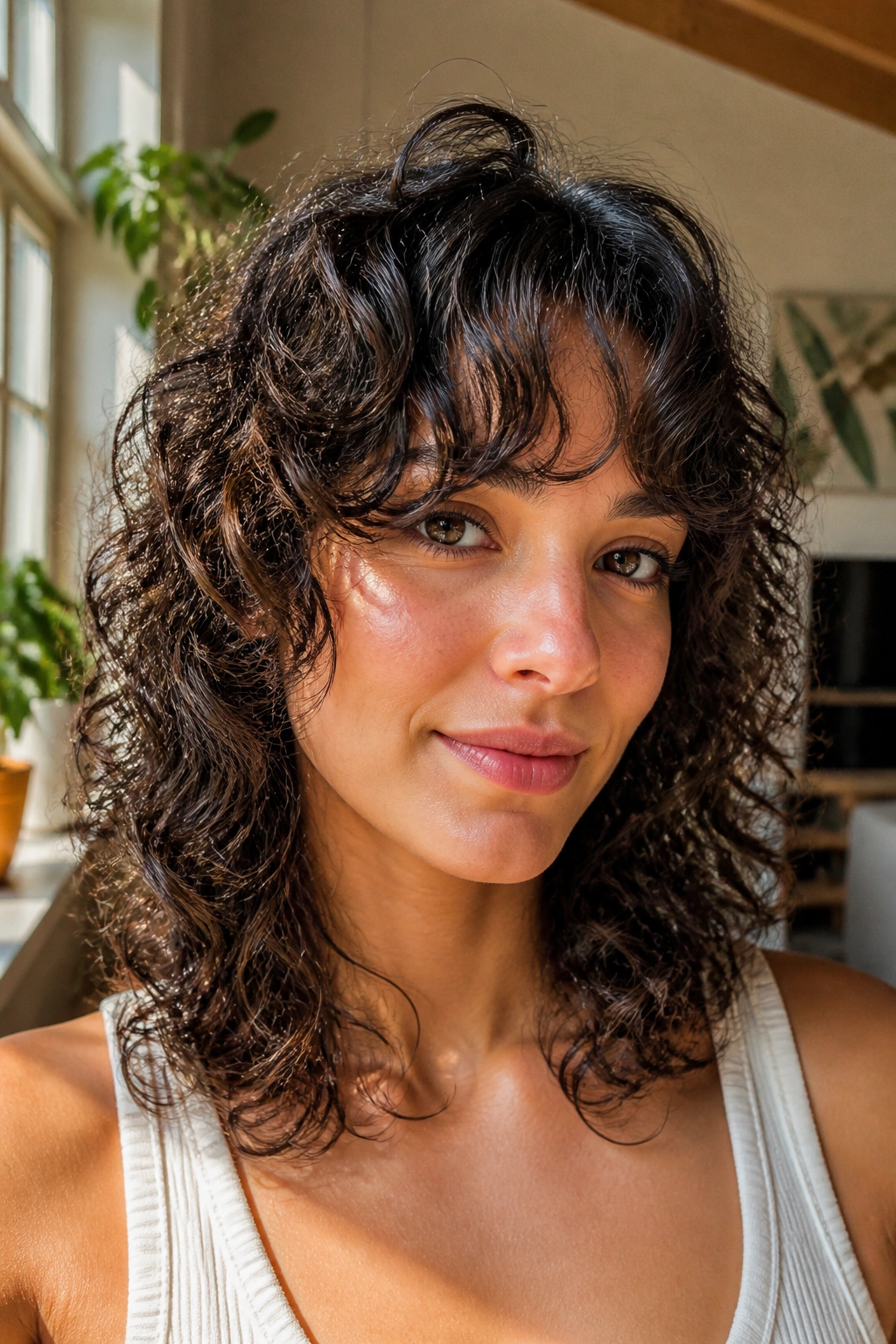 Close-up portrait of a real person with rounded curly shag and airy curtain bangs in sunlit room