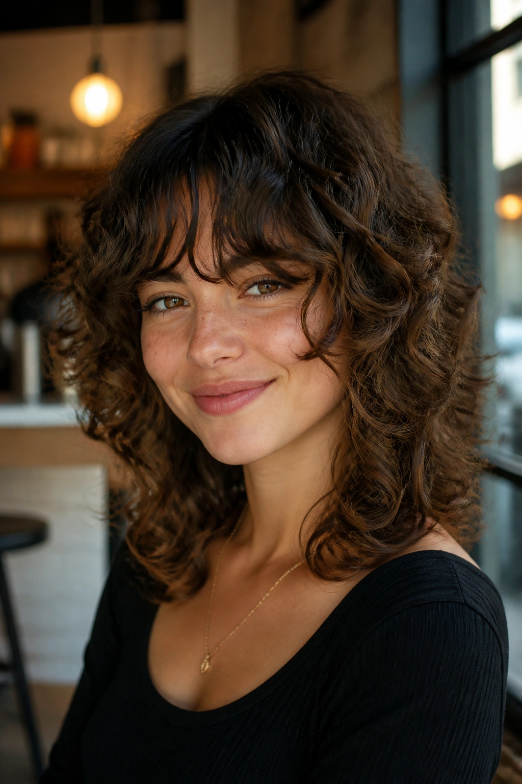 Portrait of rounded curly wolf cut with airy fringe on a real person