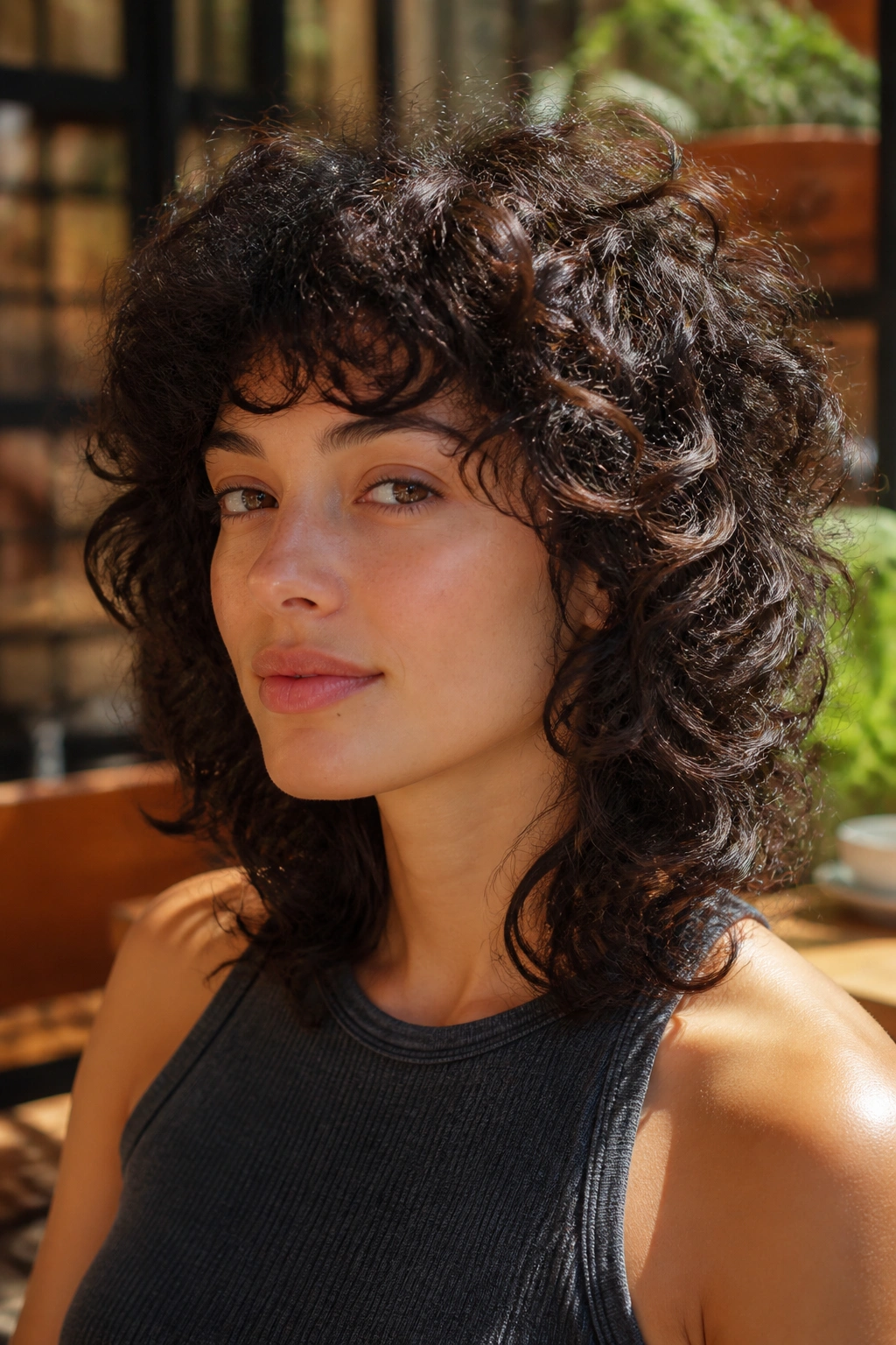 Close-up of real person with rounded curly wolf cut on thick hair