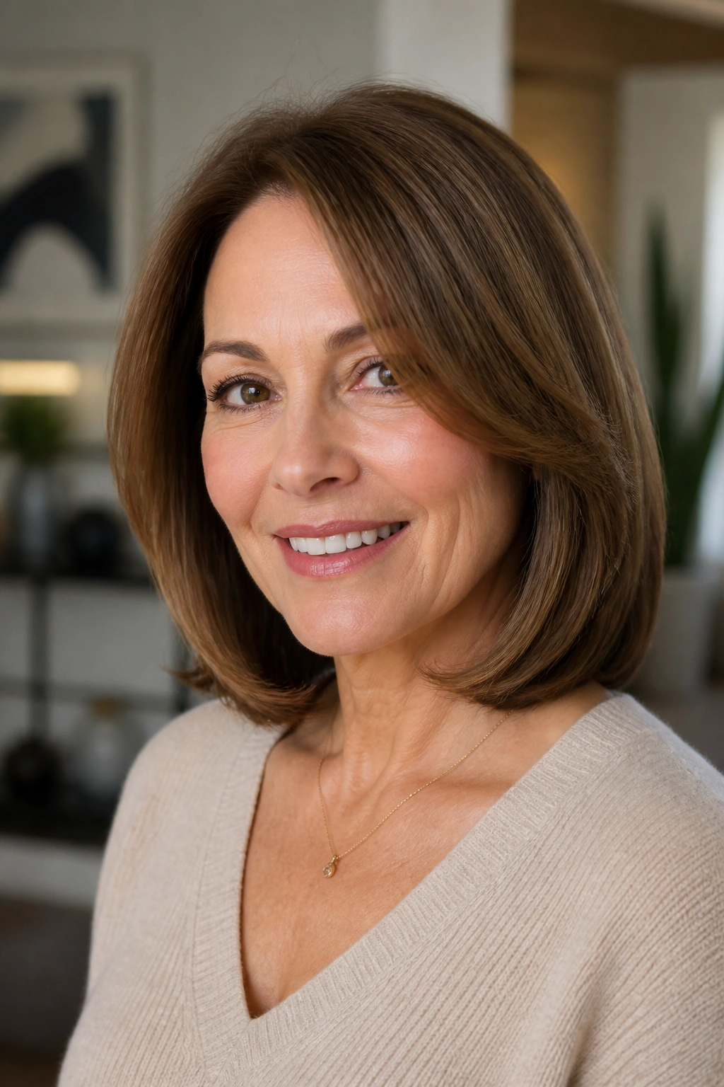 Portrait of a real woman with a rounded cut and inward-ended ends, soft lifted silhouette.