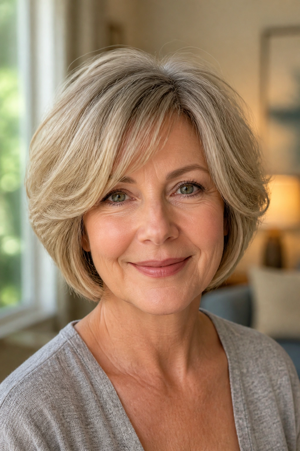 Close-up portrait of a real woman with a rounded cut and light layers