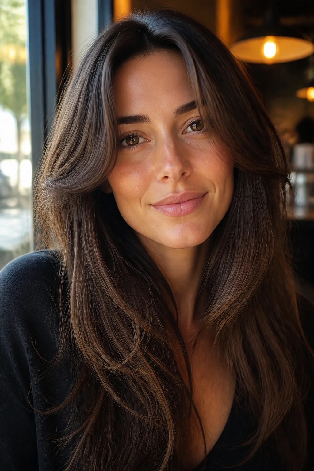 Portrait of a woman with rounded face-framing layers opening the eyes