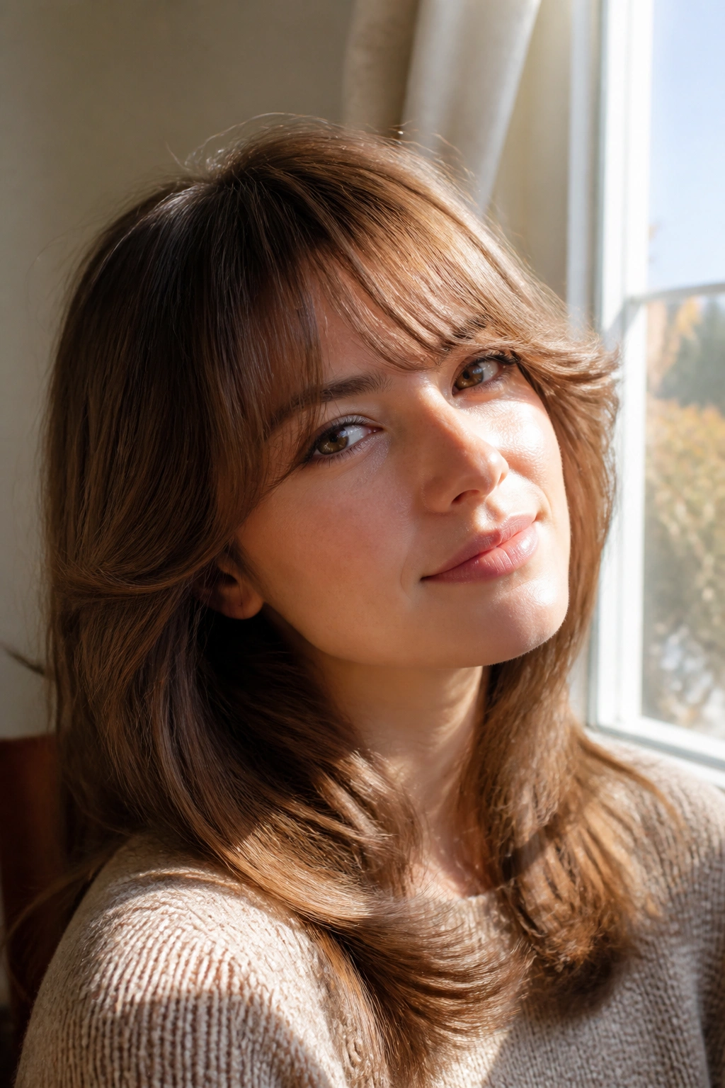 Close-up of a real woman with rounded feathered bangs in warm natural light