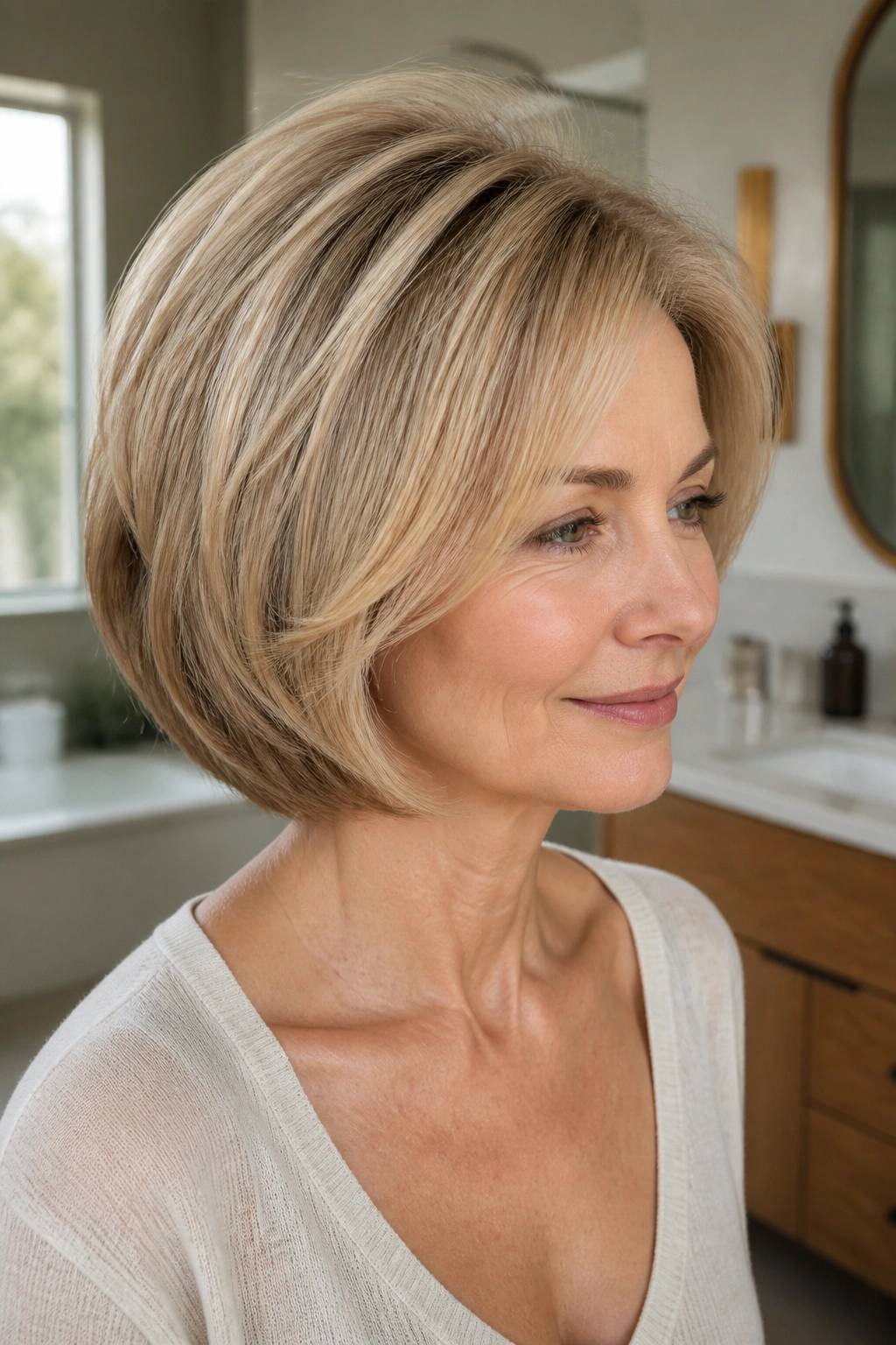 Close-up of a woman with rounded feathered bob for fine hair showing crown lift